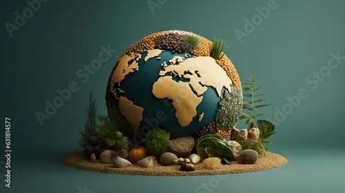Fototapeta Naklejka Na Ścianę i Meble -  A meticulously crafted planet, formed from a variety of fundamental agricultural seeds and crops, symbolizing the essence of global sustenance and nutrition. Generative AI