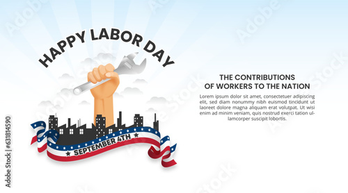 Labor Day background with a raised hand with a tool and waving flag