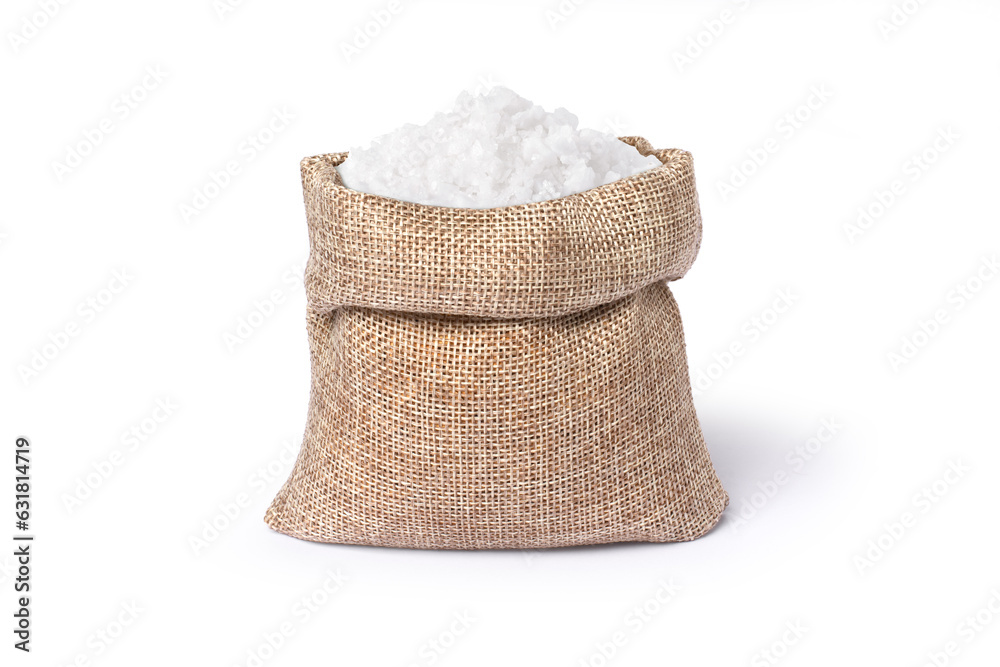 Natural sea salt in hemp sack bag isolated on white background. Natural sea salt in hemp sack bag isolated on white background.
