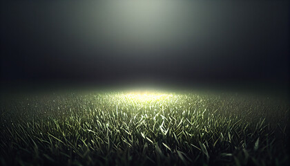 Empty grass field scene background with spotlights light. Night view of stadium light reflected on grass, rainbow over field, Ai generated image 