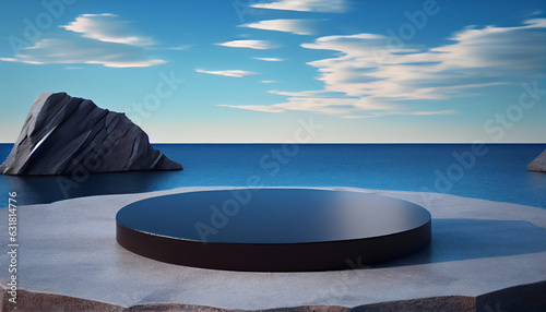 Empty round black podium on stone platform with sea island and blue sky background for product display    view from the beach  magic hat on a blue background  Ai generated image