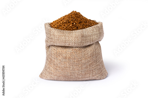 Canvas Print Granulated coffee powder in sack bag isolated on white background