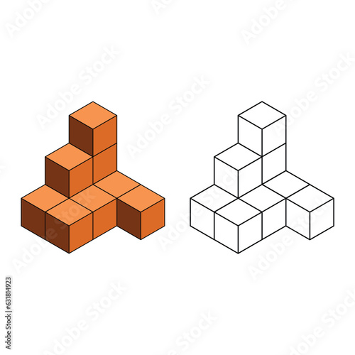 3D isometric cubes for each shape using the dotted lines on a dots grid. The line drawing is on a school math sheet with a white background.