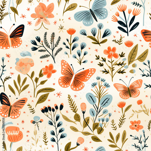 Seamless pattern with butterflies and flowers. Vector illustration in flat style.Generative AI