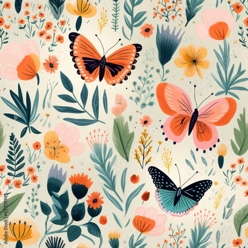 Seamless pattern with butterflies and flowers. Vector illustration in flat style.Generative AI