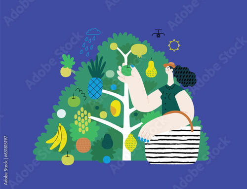 Greenery, ecology -modern flat vector concept illustration of a woman gathering fruit from the 40 fruit tree. Metaphor of environmental sustainability and protection, closeness to nature