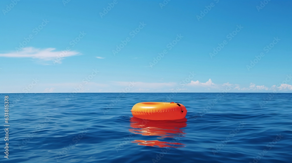 A bright yellow inflatable floats alone on a calm, open ocean under a clear blue sky, symbolizing relaxation, summer fun, and peaceful solitude. Perfect for themes of vacations and water activities A bright yellow inflatable floats alone on a calm, open ocean under a clear blue sky, symbolizing relaxation, summer fun, and peaceful solitude. Perfect for themes of vacations and water activities
