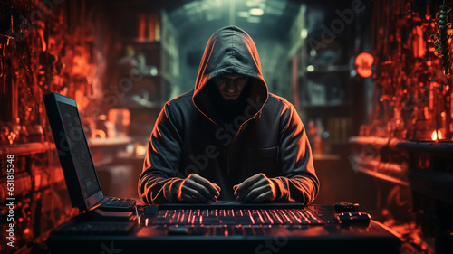 hacker in dark hoodie and mask with computer.generative ai