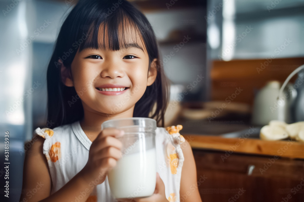 Portrait of Asian little cute kid holding a cup of milk in kitchen in house. Young preschool daughter stay home with smiling face, happy enjoy drinking milk. Generative AI. Portrait of Asian little cute kid holding a cup of milk in kitchen in house. Young preschool daughter stay home with smiling face, happy enjoy drinking milk. Generative AI.