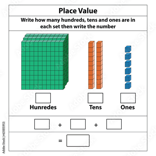 Place Value hundreds tens and ones. 10 blocks. and single blocks. Vector illustration isolated on white background.