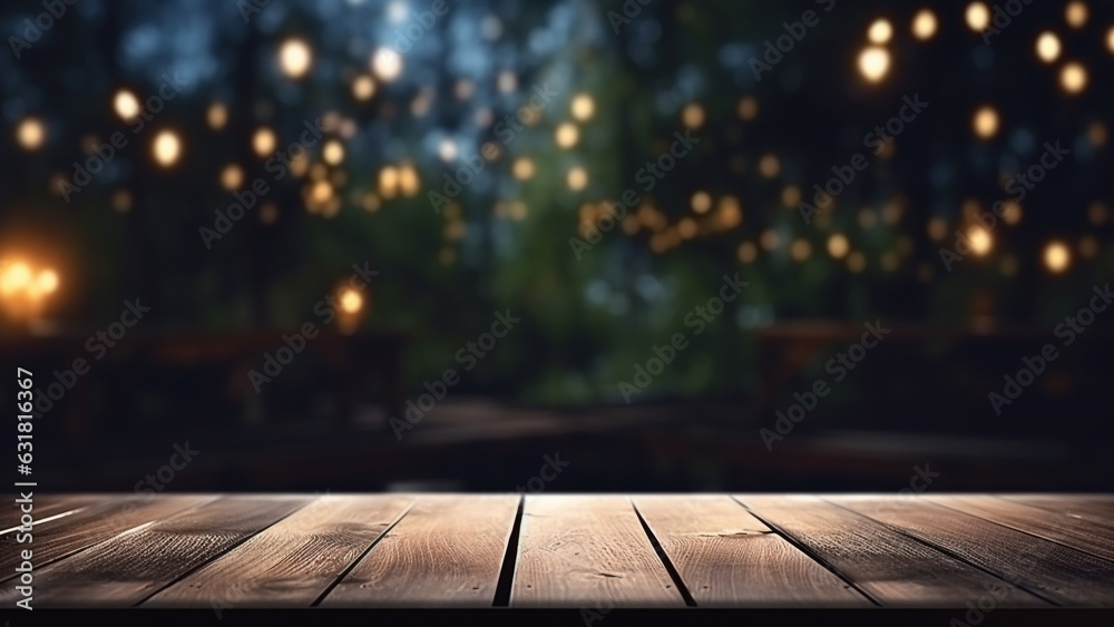 Empty wooden table with evening campsite in the background, for product display Empty wooden table with evening campsite in the background, for product display