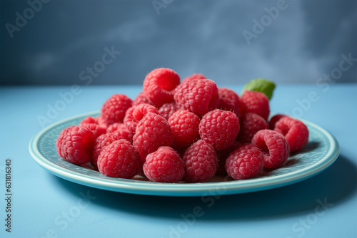 raspberries in a blue plate on a blue background
