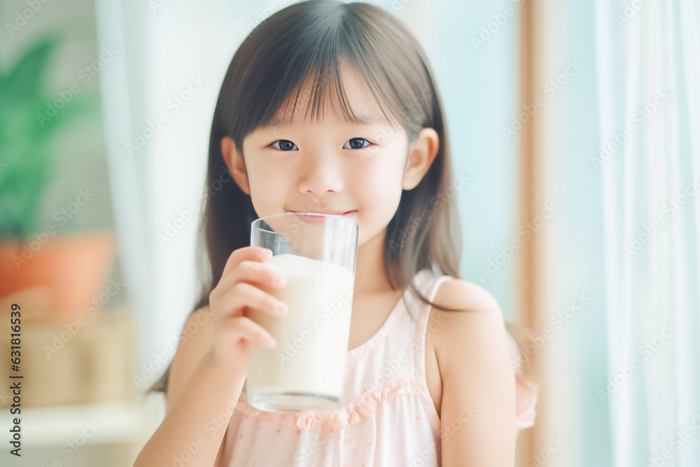 Portrait of Asian little cute kid holding a cup of milk in kitchen in house. Young preschool daughter stay home with smiling face, happy enjoy drinking milk. Generative AI. Portrait of Asian little cute kid holding a cup of milk in kitchen in house. Young preschool daughter stay home with smiling face, happy enjoy drinking milk. Generative AI.