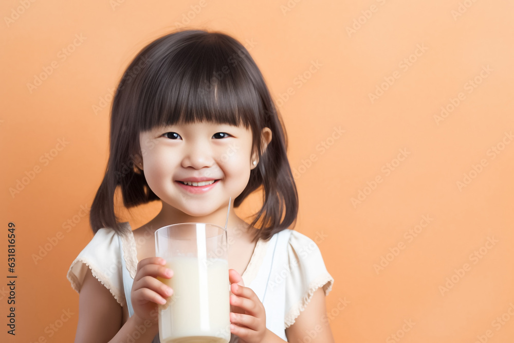 Portrait of Asian little cute kid holding a cup of milk in kitchen in house. Young preschool daughter stay home with smiling face, happy enjoy drinking milk. Generative AI.