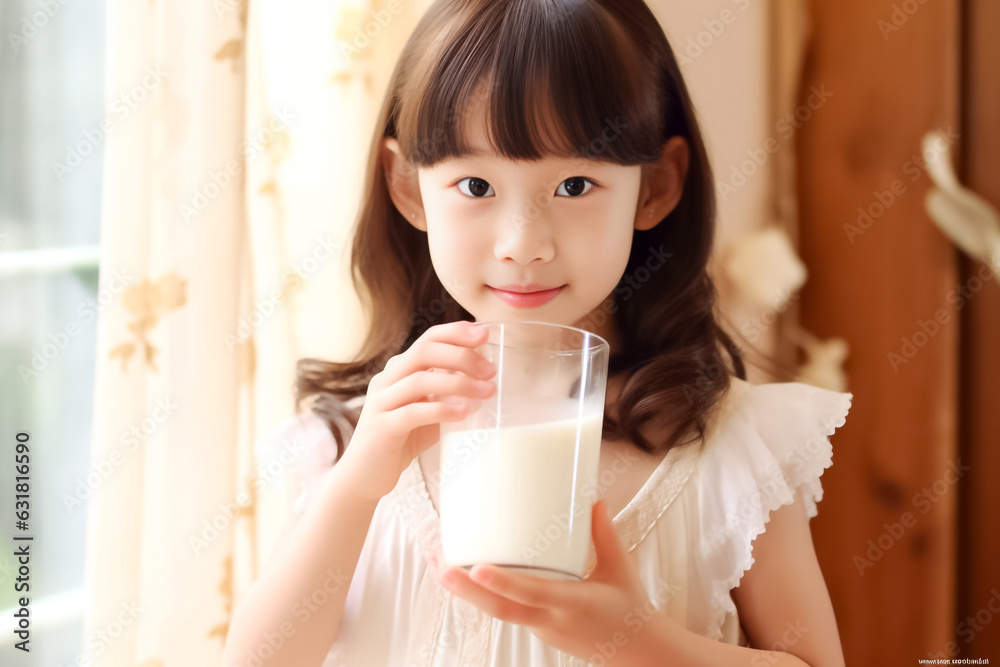 Portrait of Asian little cute kid holding a cup of milk in kitchen in house. Young preschool daughter stay home with smiling face, happy enjoy drinking milk. Generative AI. Portrait of Asian little cute kid holding a cup of milk in kitchen in house. Young preschool daughter stay home with smiling face, happy enjoy drinking milk. Generative AI.