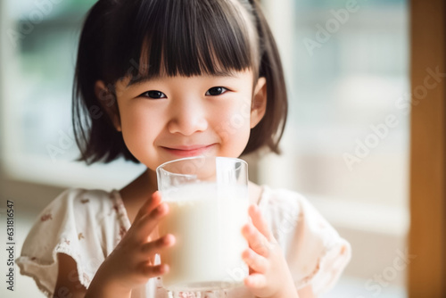 Tableau sur toile Portrait of Asian little cute kid holding a cup of milk in kitchen in house