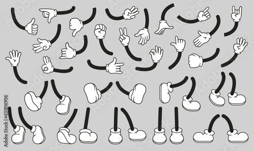 Cartoon hands in gloves and feet in shoes. Different foot movements and positions vector set