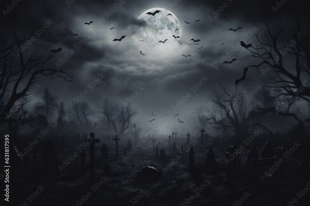 Halloween night background. Cemetery or graveyard in the night with dark sky. Haunted cemetery. Spooky and creepy burial ground. Horror scene of graveyard. Halloween day background. Halloween night background. Cemetery or graveyard in the night with dark sky. Haunted cemetery. Spooky and creepy burial ground. Horror scene of graveyard. Halloween day background.