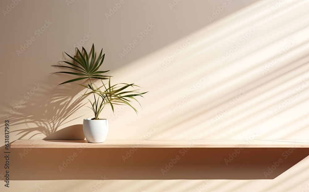 Minimalist living room plant in pot with drop shadow light home