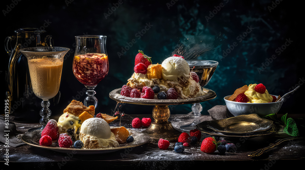 Exquisite Fine Dining Dessert Concept: A Luxurious Dish in Dark Background, Colorful and Yummy Desserts as Artful Decorations Exquisite Fine Dining Dessert Concept: A Luxurious Dish in Dark Background, Colorful and Yummy Desserts as Artful Decorations
