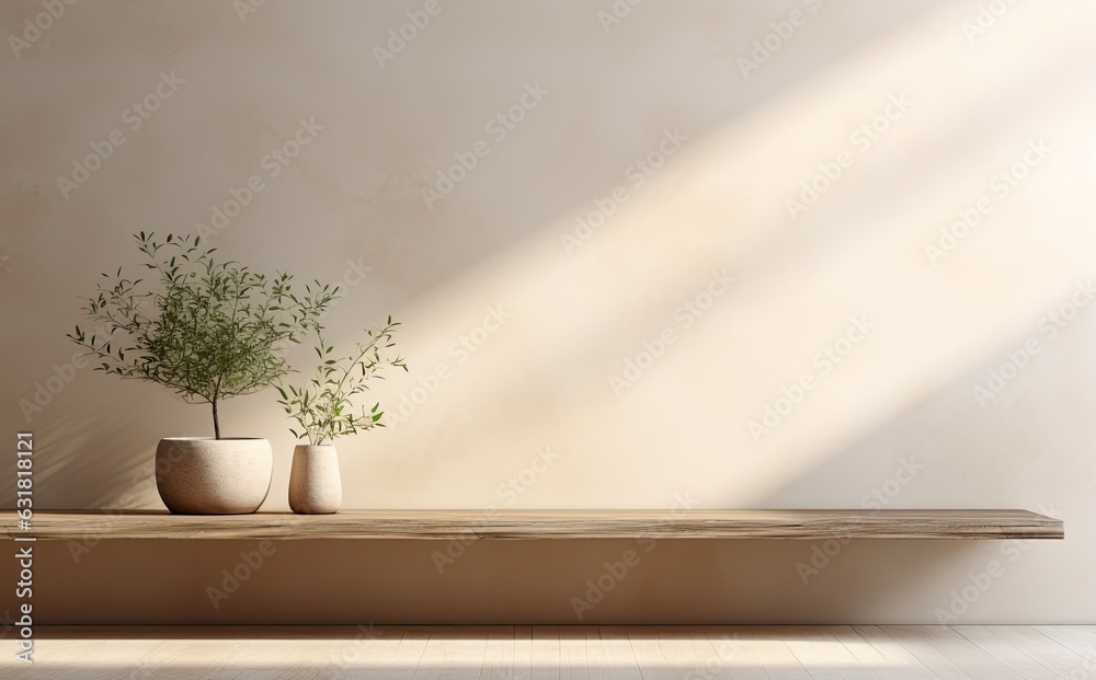 Obraz premium Minimalist living room plant in pot with drop shadow light home