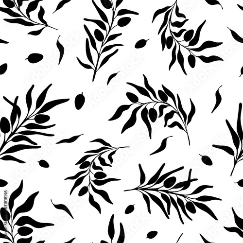 Silhouette of olive leaves pattern on white background. Tropical pattern with branches