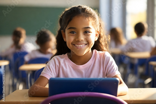 nina en educación primaria en el aula sonriendo en clases de computación con una tablet 