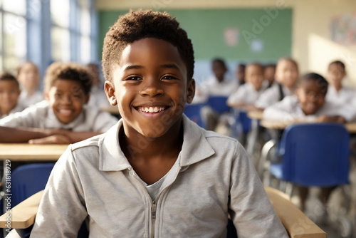 niño sentado en el asiento del aula sonriendo, aula de la escuela secundaria, concentrado y paciente mientras aprende cosas nuevas.
 photo
