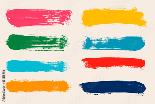 Set of colorful brush strokes, lines, dry brush, hand painted design elements. Grunge boxes, textured, backgrounds for text. Colored rough grunge edges. Collection of artistic brushes. Vector ink.
