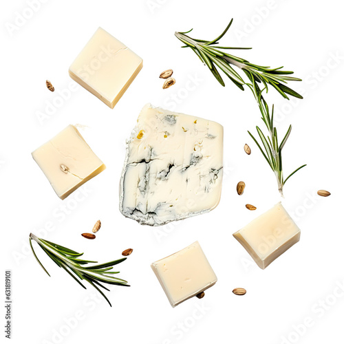 Top view of diced Blue cheese with rosemary on a transparent backround.