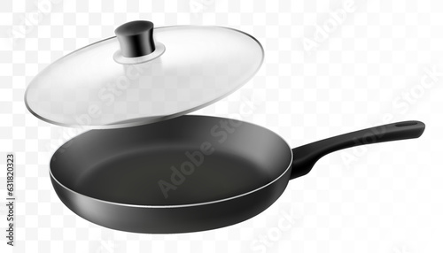 Black empty frying pan with a glass lid, with nonstick surface isolated on transparent background, close-up, side view.Design template. Vector realistic 3d. Design Template for Mockup. Food, Concept.