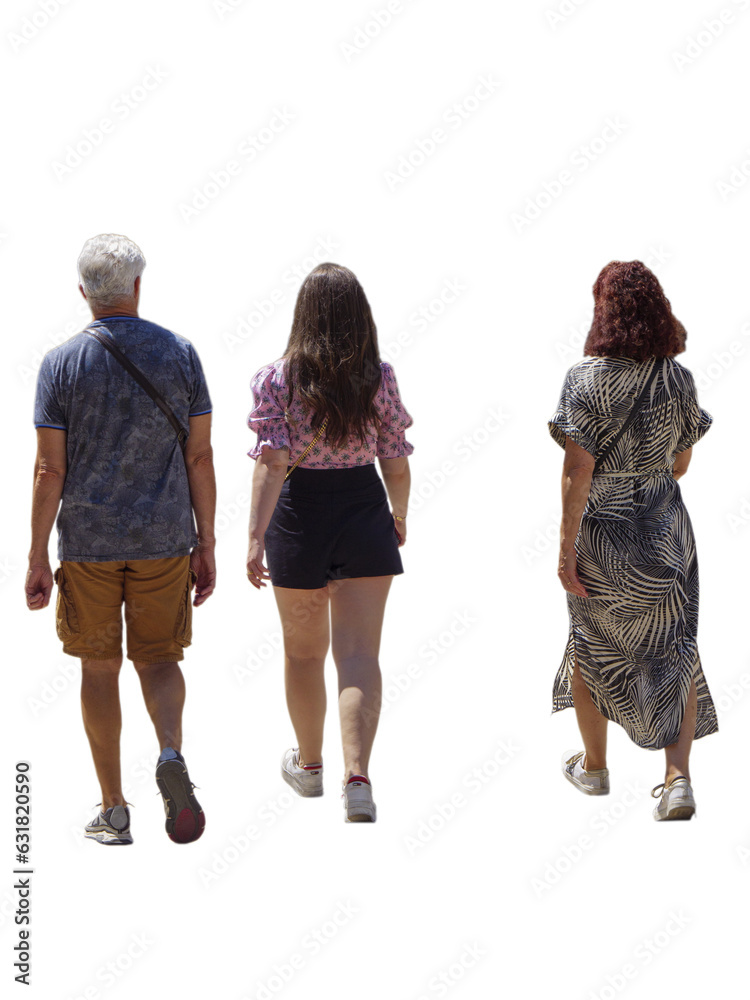 Famille de trois personnes en promenade en été.  - obrazy, fototapety, plakaty 