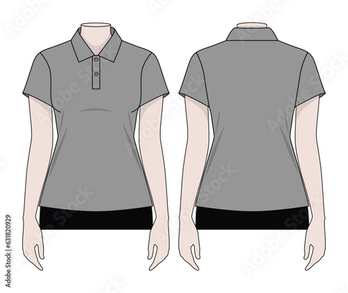 Women's Gray Short Sleeve Polo Shirt Template On White Background.Front and Back View, Vector File