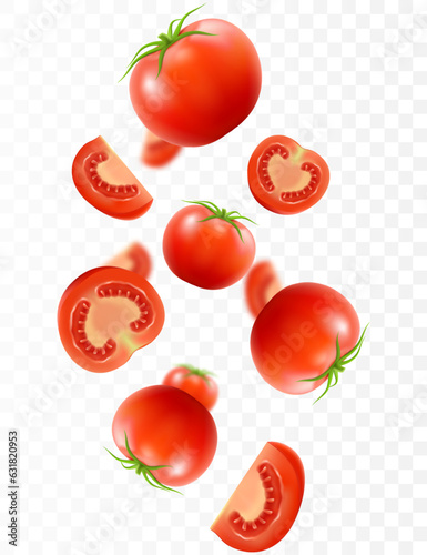 Tomato background. Falling fresh ripe tomatoes, isolated on transparent background. Selective focus. Flying defocusing red tomato. Applicable for ketchup, juice advertising. Realistic 3d vector