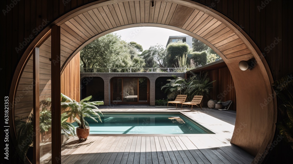 Fototapeta premium Serene modern House Villa with Pool with Wooden Patio and Pool, Generative AI