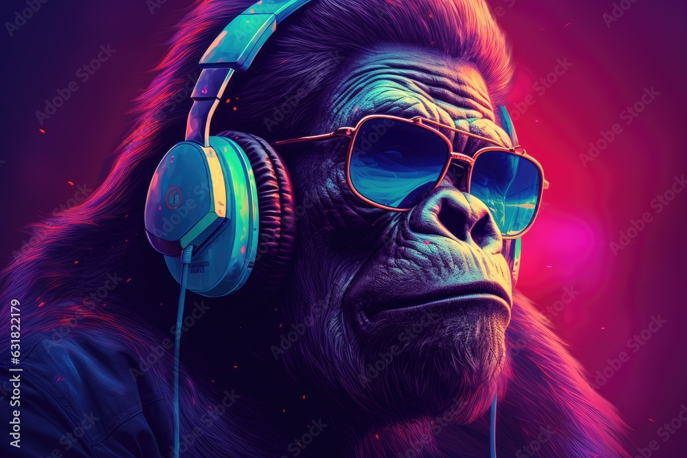Portrait of a cool gorilla with headphones and sunglasses in neon style. Portrait of a cool gorilla with headphones and sunglasses in neon style.