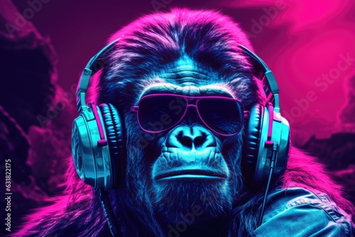 Portrait of a cool gorilla with headphones and sunglasses in neon style.