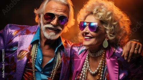 glamorous  elderly couple in disco style 