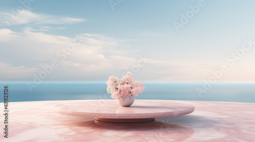 pink flowers in vase on pink oval marble table on terace with a view of the sea photo