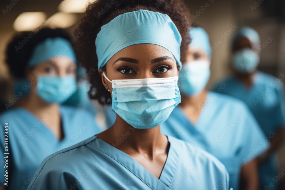 african american nurse with medical workers team in the hospital wearing face masks and uniform, african american nurse with medical workers team in the hospital wearing face masks and uniform,