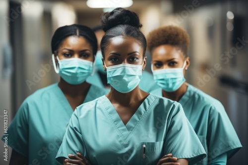 african american nurse with medical workers team in the hospital wearing face masks and uniform,