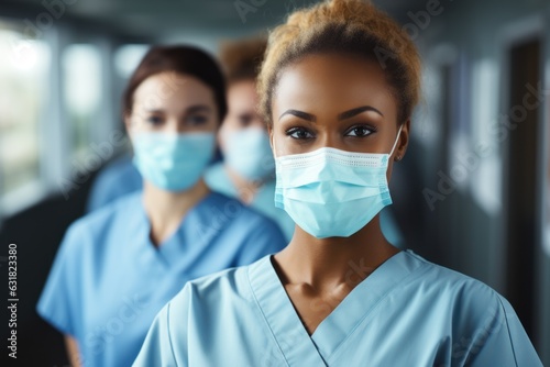african american nurse with medical workers team in the hospital wearing face masks and uniform,