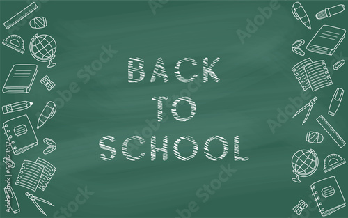 Back to school lettering quote, side borders of outline school supplies and office stationary on a dark green chalkboard background. Vector design, banner. School and education concept, Knowledge Day