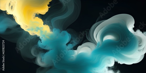 Abstract smoke wallpaper,a white and turquoise and medium yellow cloud of smoke entwined and blend into each other on a black background, Generative AI, Generative, AI