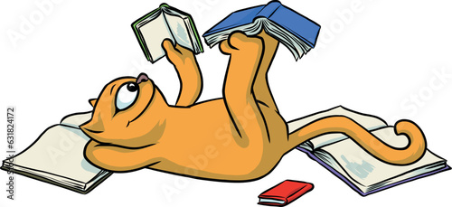 Cartoon: niedliche Katze, die gemütlich lesend da liegt mit Geschichten und Büchern für mehr Wissen und Bildung