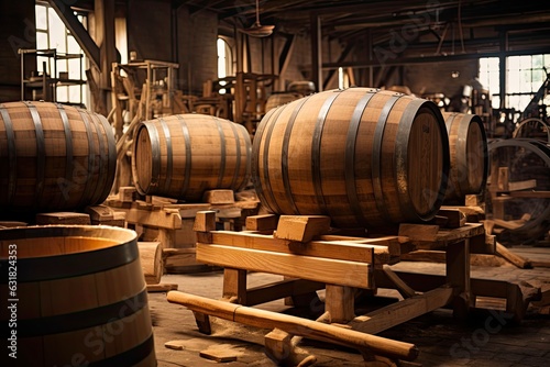 Inside a Cooperage: Master Cooper Crafting Wine Barrels from Wooden Billets on Factory Conveyer: Generative AI