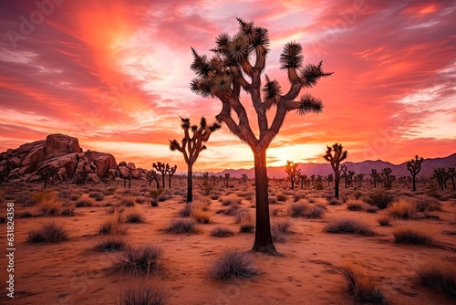 Majestic sunset over Joshua Tree National Park - Mojave Desert, California: Generative AI