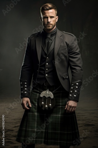 Scottish Macho Man in Kilt. Displaying Beauty and Health with Muscular Body. Generative AI photo