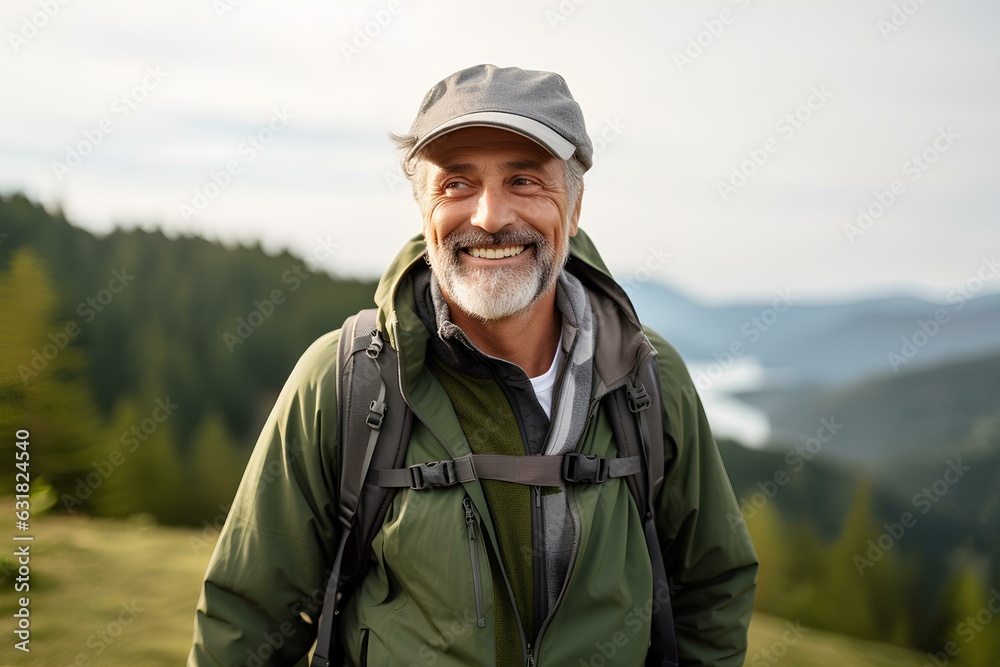 Happy older man standing in nature park enjoying natural park landscape. Smiling mature active traveler exploring camping tourism nature lake and mountains travel journey feeling freedom. generative A