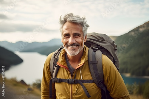Happy older man standing in nature park enjoying natural park landscape. Smiling mature active traveler exploring camping tourism nature lake and mountains travel journey feeling freedom. generative A © 영준 서
